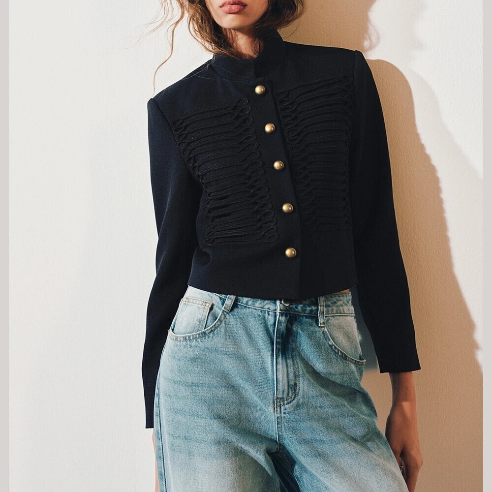 Black Braided Trim Stand Collar Cropped Military Suit Jacket with Gold Buttons